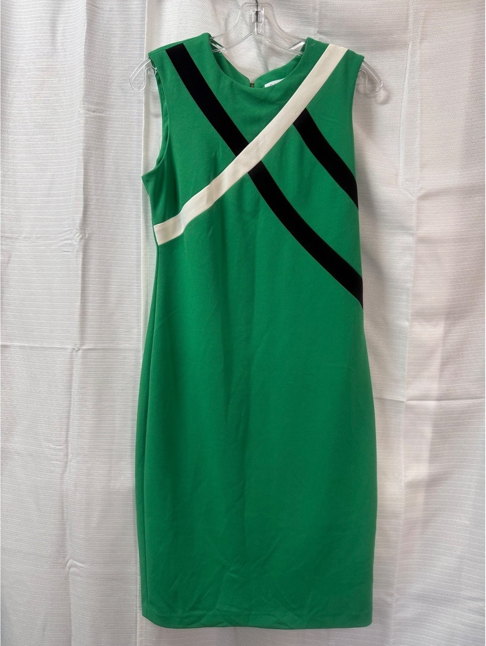 Calvin Klein Green Sleeveless Sheath Dress with Black and White Diagonal Stripes